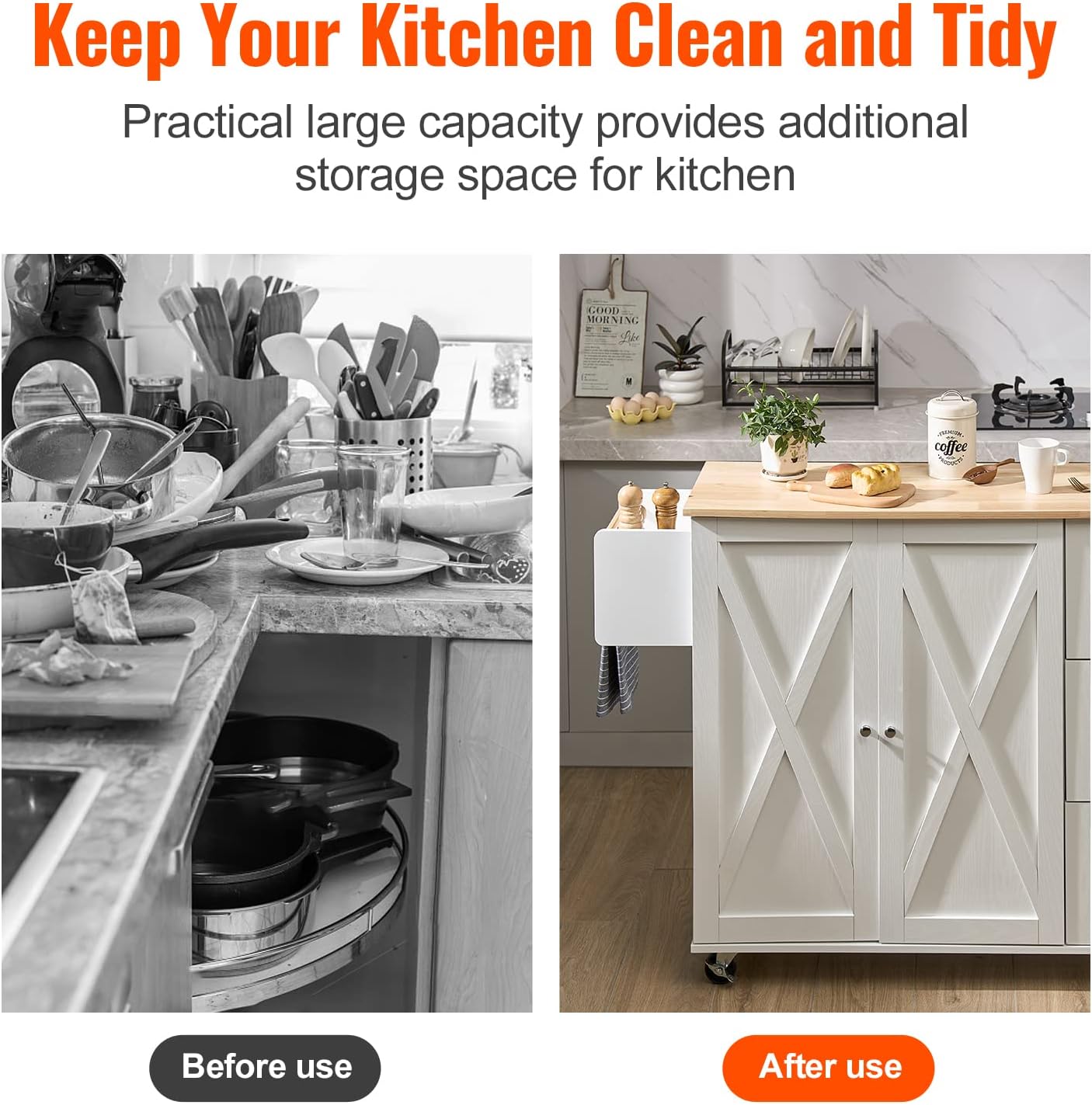 VEVOR Kitchen Island Cart with Solid Wood Top, 45.3" Width Mobile Carts with Storage Cabinet, Rolling Kitchen Table with Spice Rack, Towel Rack, Drop Leaf and Drawer, Portable Islands on Wheels, White