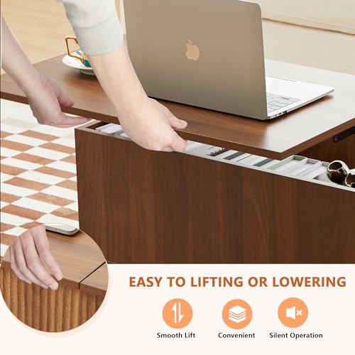 Mid-Century Modern Rectangular Wood Coffee Table with Dual Storage Shelf, Storage Center Coffee Tables with Waveform Panel Sliding Door Dining Table for Living Room Apartment(Walnut)