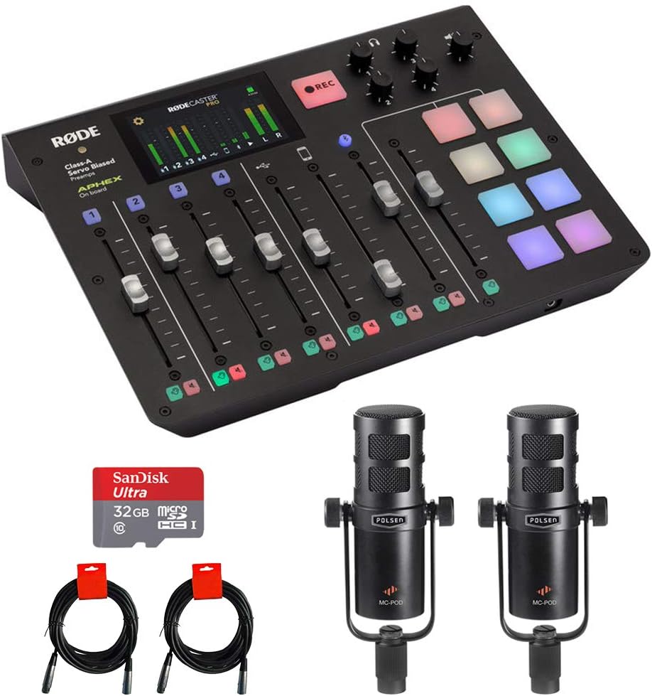 Rode RODECaster Pro Podcast Production Studio Bundle with 2x Podcast Microphone, 32GB Memory Card & 2x XLR Cable