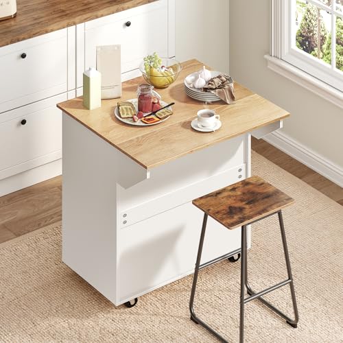 Kitchen Island on Wheels with Drop Leaf, Folding Countertop Kitchen Island Cart, Kitchen Island Table with Towel Rack, Drawer, for Kitchen, Dining Room, White and Natural KINW12501