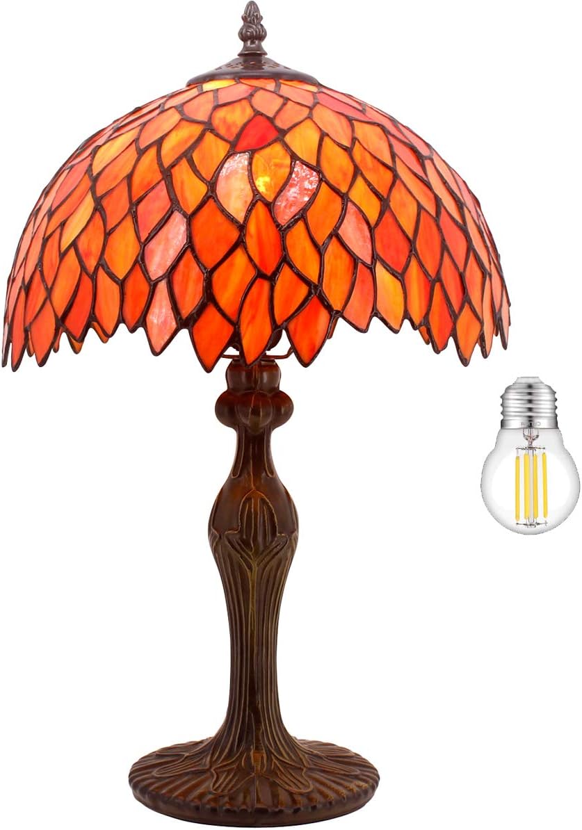 WERFACTORY Tiffany Lamp Stained Glass Table Lamp Red Wisteria Style Desk Bedside Reading Light 12X12X18 Inches Deco Bedroom Living Room Home Office S523R Series (A)