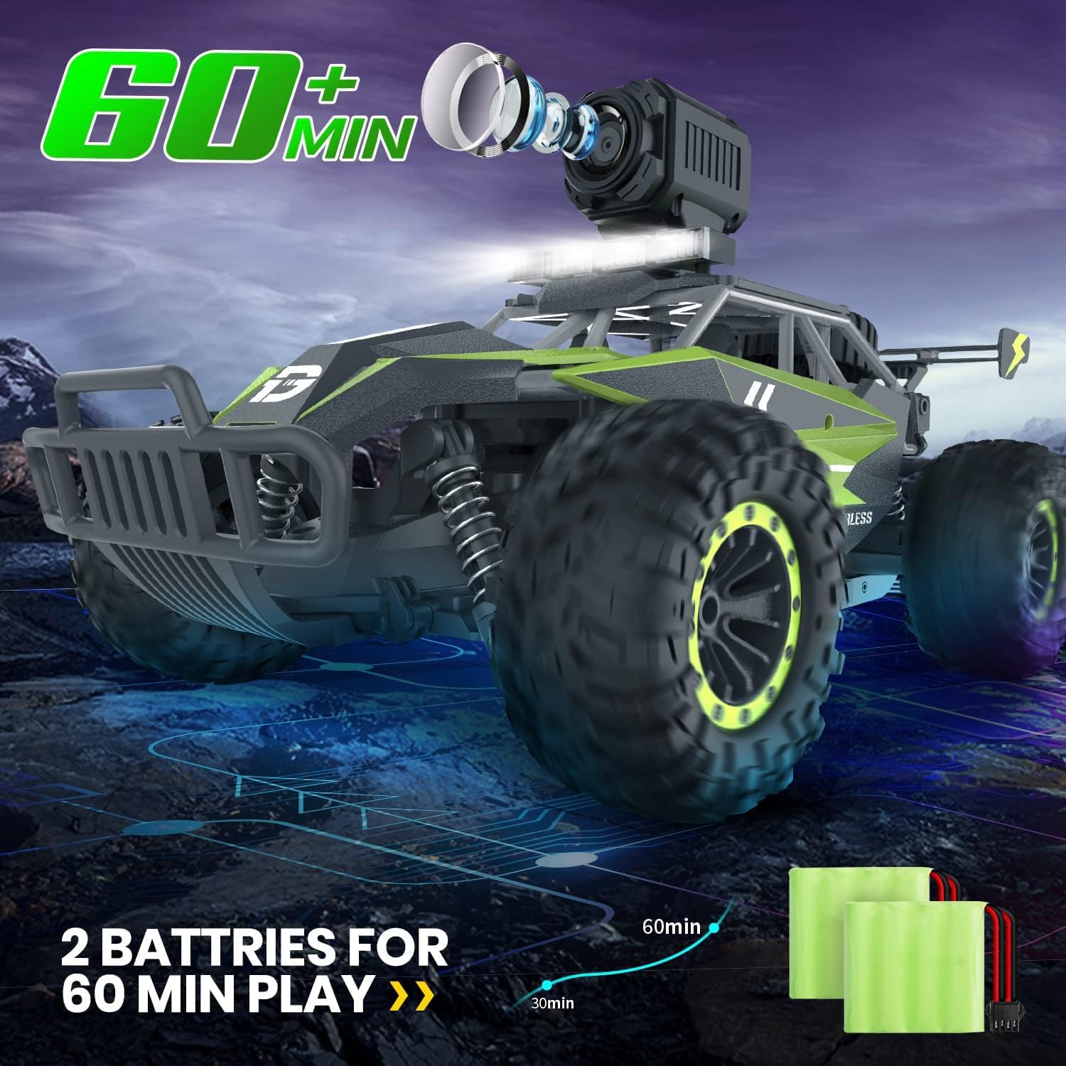 DEERC RC Cars DE36W Remote Control Car with 720P HD FPV Camera, 1/16 Scale Off-Road Remote Control Truck, High Speed Monster Trucks for Kids Adults 2 Batteries for 60 Min Play, Gift for Boys and Girls