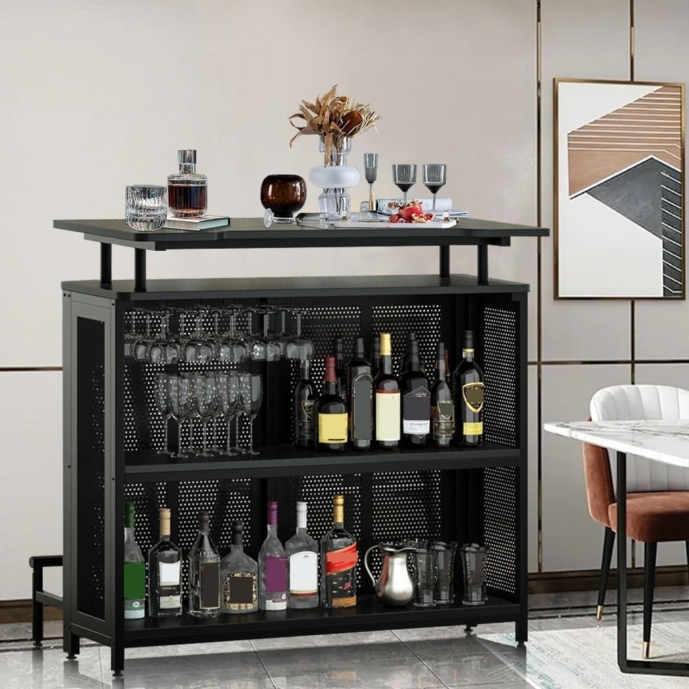 Industrial Liquor Bar Table, Portable Bar, Home Bar Unit Cabinet, Industrial 3-Tier Liquor Bar Table with Stemware Rack, Wine Bar Cabinet for Home Kitchen Pub
