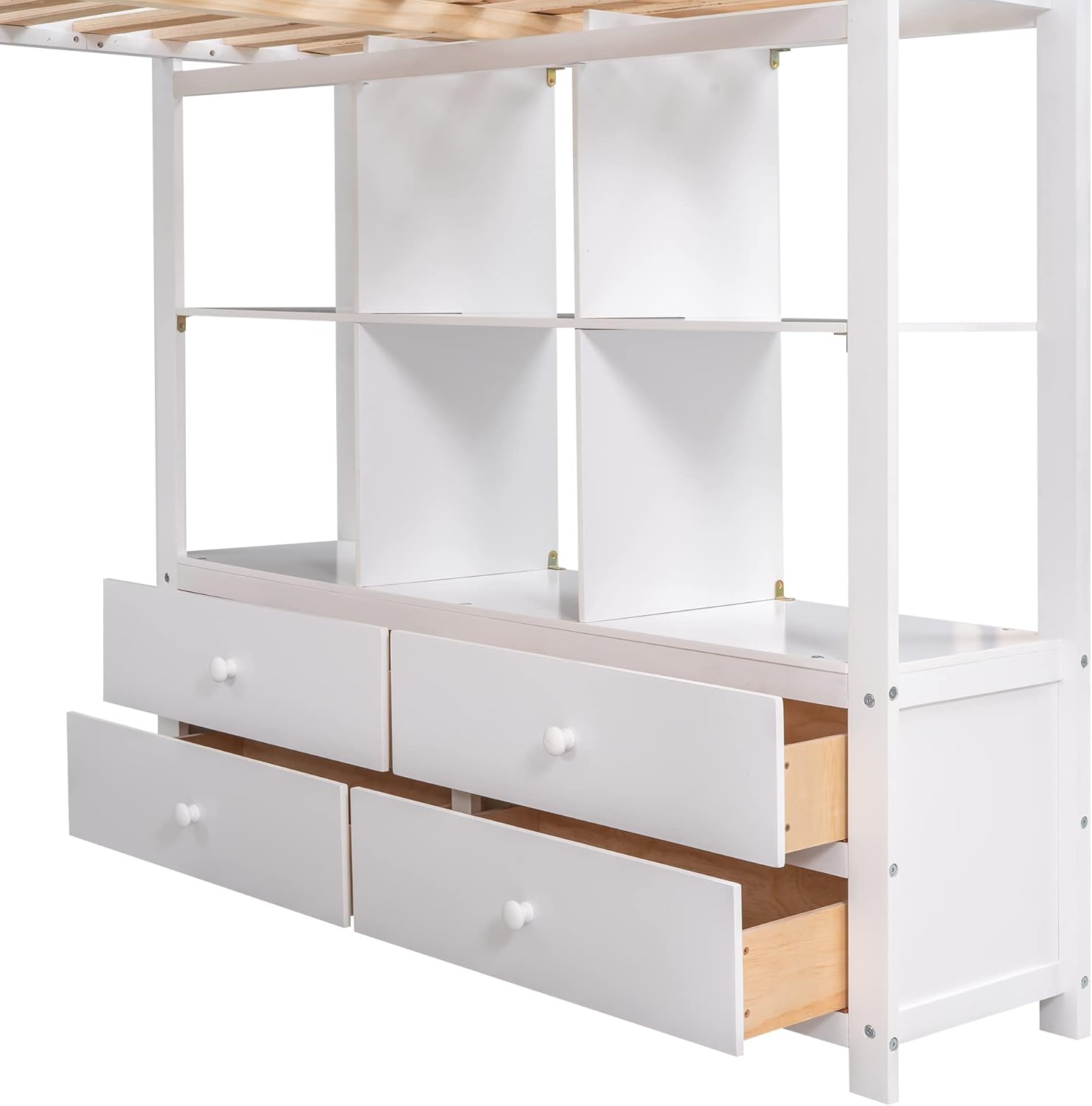 Full Size Loft Bed with Built-in Desk, 2 Drawers and Storage Shelves, Wooden FullLoft Bed Frame with Guardrails for Kids Teens Adults, White