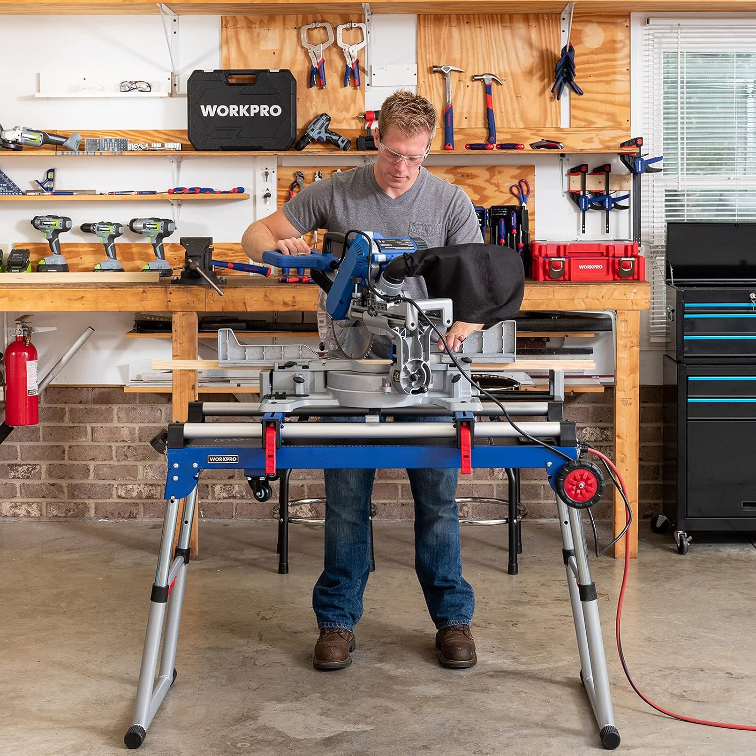 WORKPRO Miter Saw Stand, 5-in-1 Portable Workbench, Quick Folding Work Table with Detachable Miter Saw Stand & Height Adjustable Legs, Scaffold/Dolly/Creeper/Platform for Woodworking, Repair, Masonry