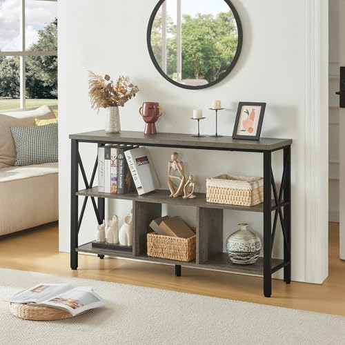HOMBAZAAR Entryway Console Table, 47-inch Rustic Entryway Table with Storage, 3-Tier Hallway Tables with Shelves, Industrial Foyer Table for Living Room, Hallway, Entryway, Brown