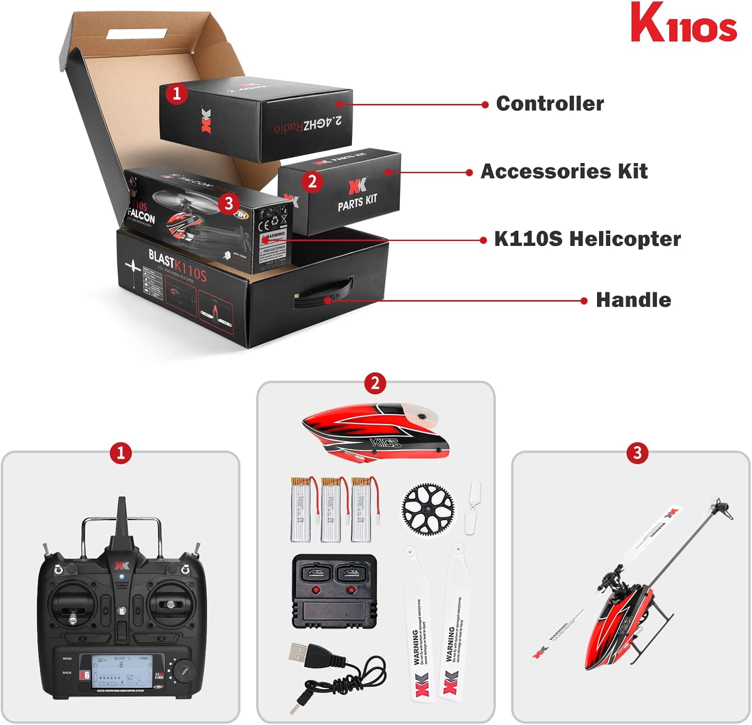 CKYSCHN Remote Control Helicopter, WLtoys K110S RC Helicopters with 3D/6G Mode Gyro for Adults, 6 Channel RC Aircraft with Brushless Motor, Mini Helicopter with 3 Batteries