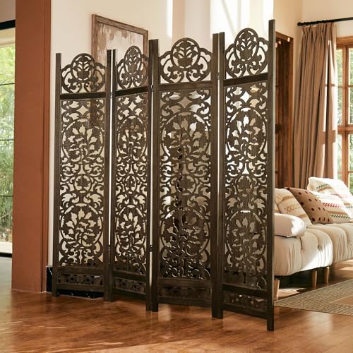 5.75Ft Room Divider Wood Carved Wall Divider Indoor Folding Portable Partition Screen for Home Office Garden Terrace - 4 Panel (Antique Brown)