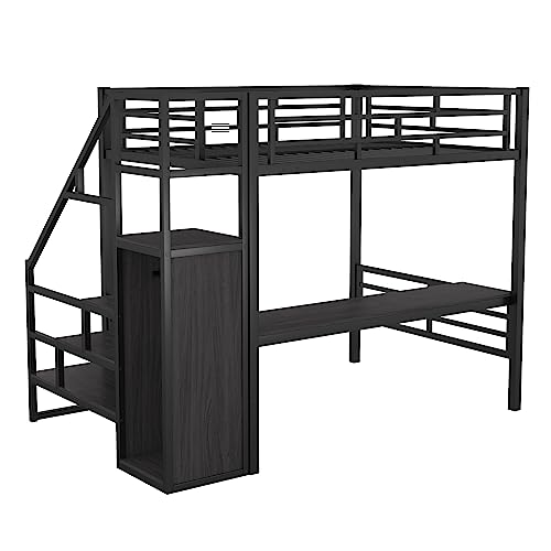 Metal Loft Bed with Desk, Storage Stairs Can Be Installed Left Or Right Full Size Bed Frame Storage Staircase and Small Wardrobe and Full-length Guardrail for Bedroom (White)