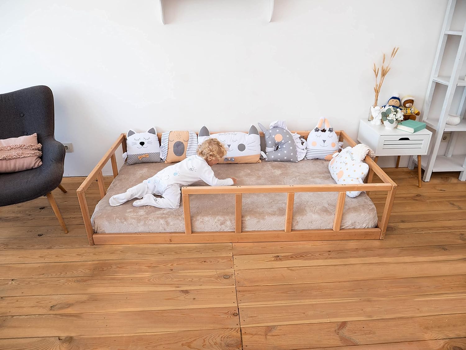 BUSYWOOD Platform Bed for Nursery - Bedroom Furniture for Toddlers - Montessori Floor Bed in Playroom for Boy and Girl (Model 10, Floor Bed without Slats)