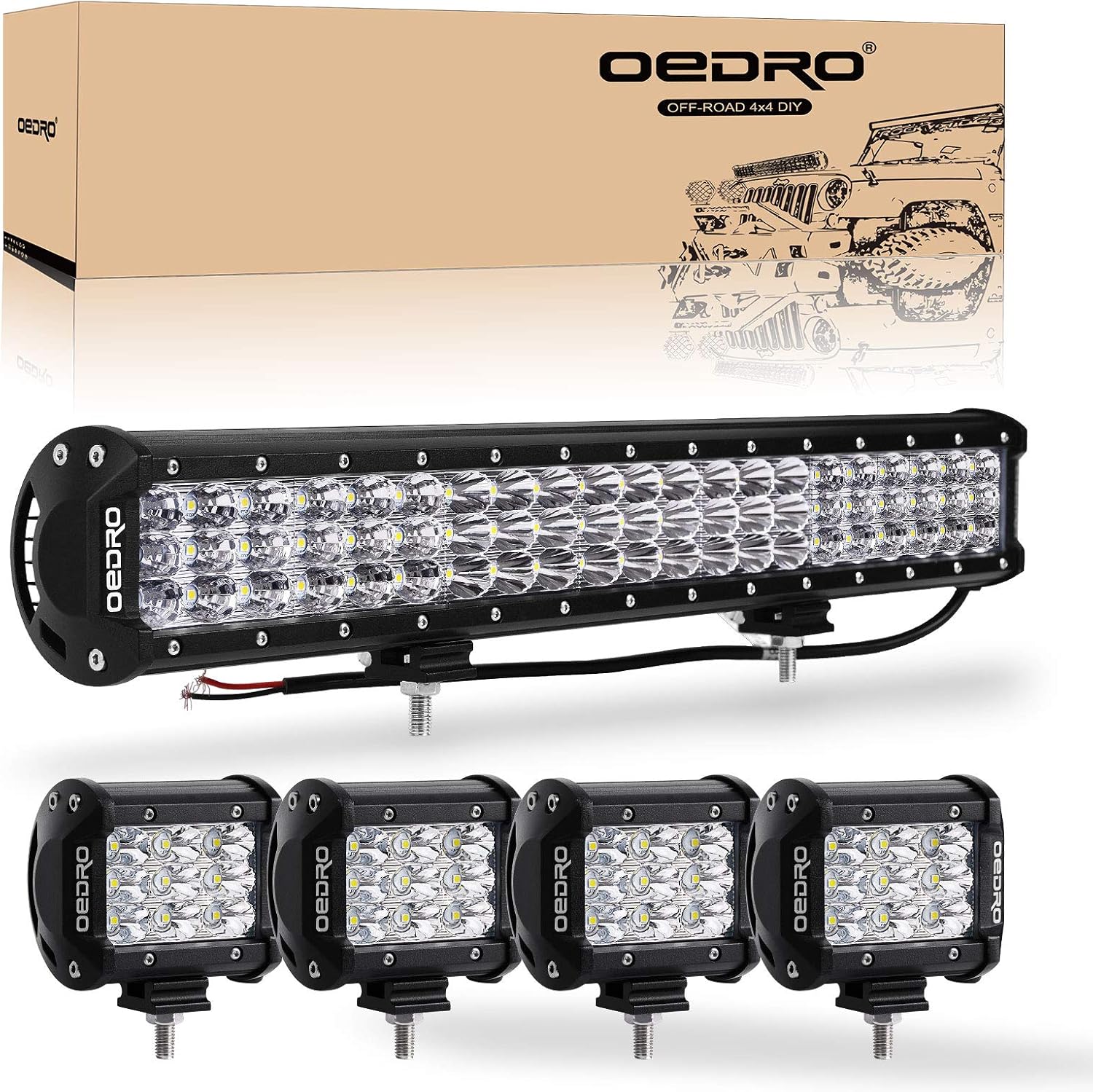 oEdRo LED Light Bar 20 Inch 300W Tri-Row Spot Flood Combo Work Light + 4Pcs 4 Inch 27W LED Pods Driving Fog Lamp Fit for Off Road Truck Car Boat SUV ATV UTV Pickup (No Wiring Harness)