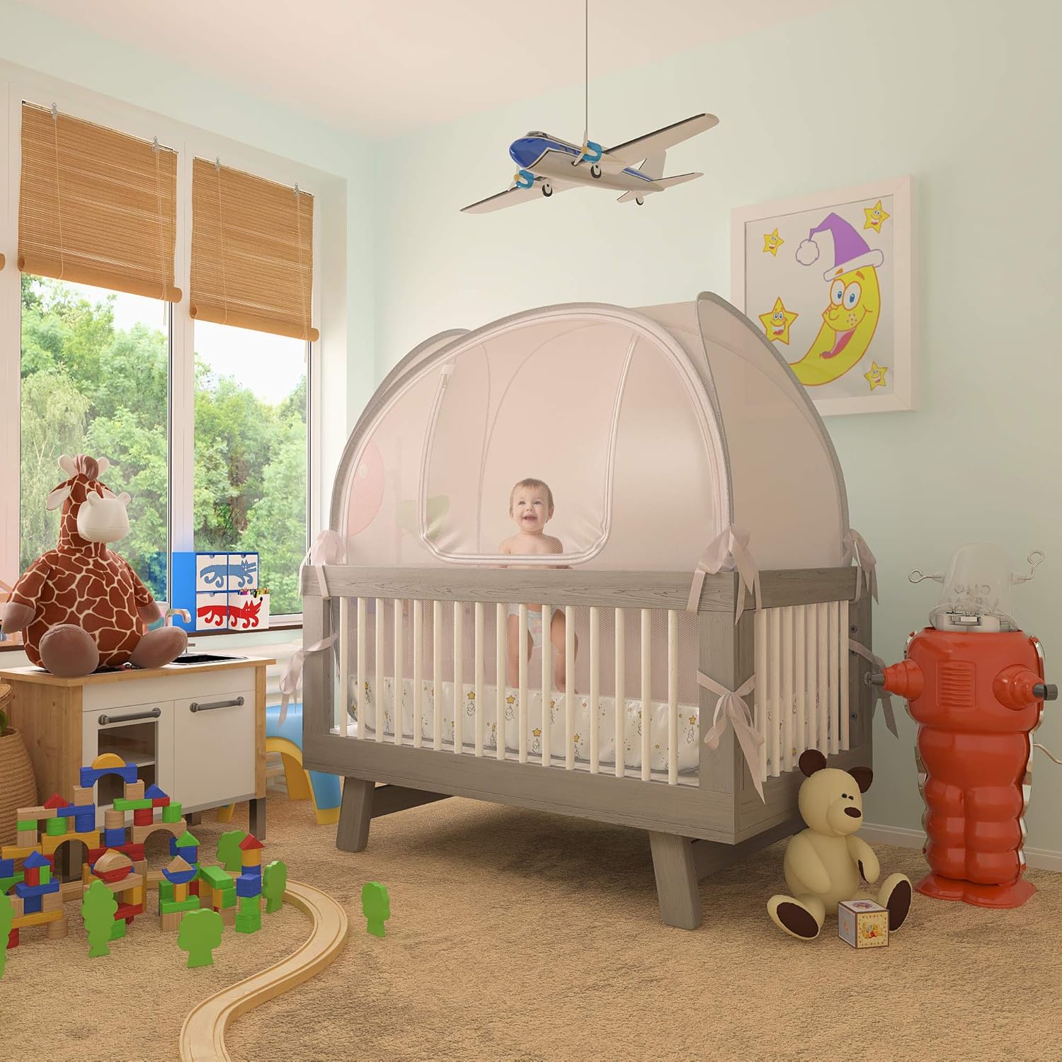 Nahbou Baby Crib Tent - Crib Canopy: Net Cover Crib Tent to Keep Baby from Climbing Out and Safety Crib Tent to Keep Cats Out. Popup Crib Net and Crib Cover Protects Against Mosquito Bites & Toddlers