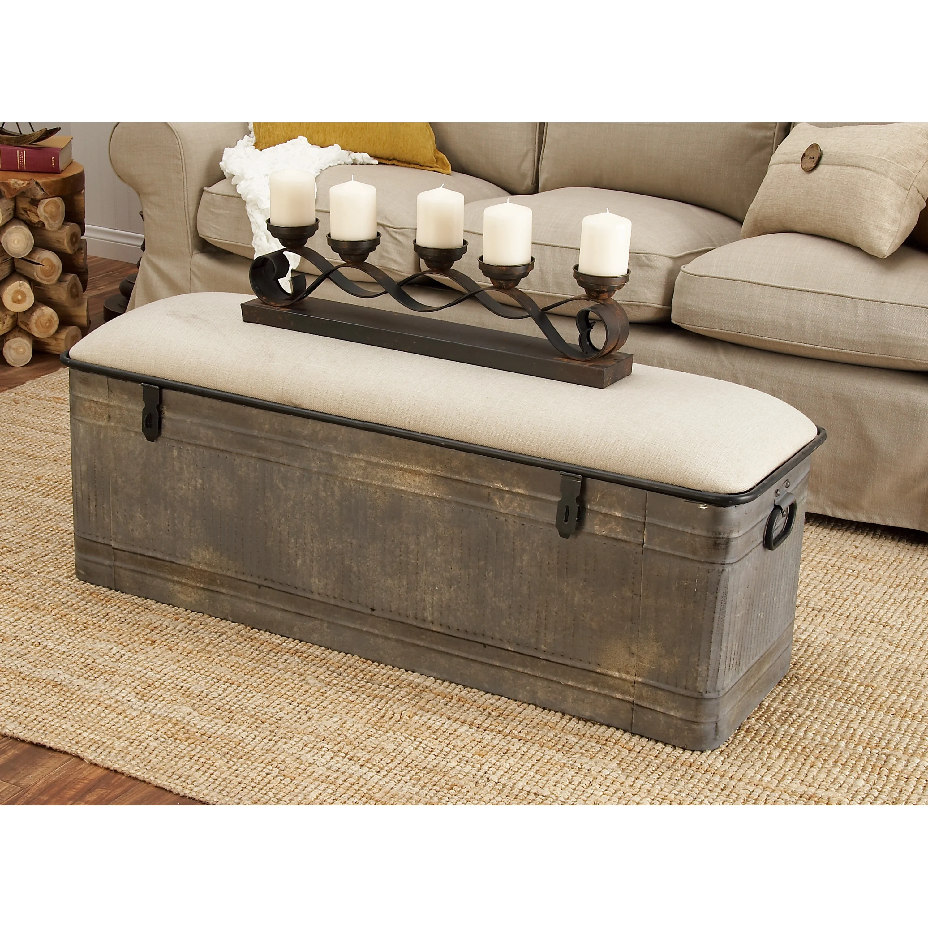 DecMode Metal Galvanized Storage Bench with Cream Burlap Top, Gray