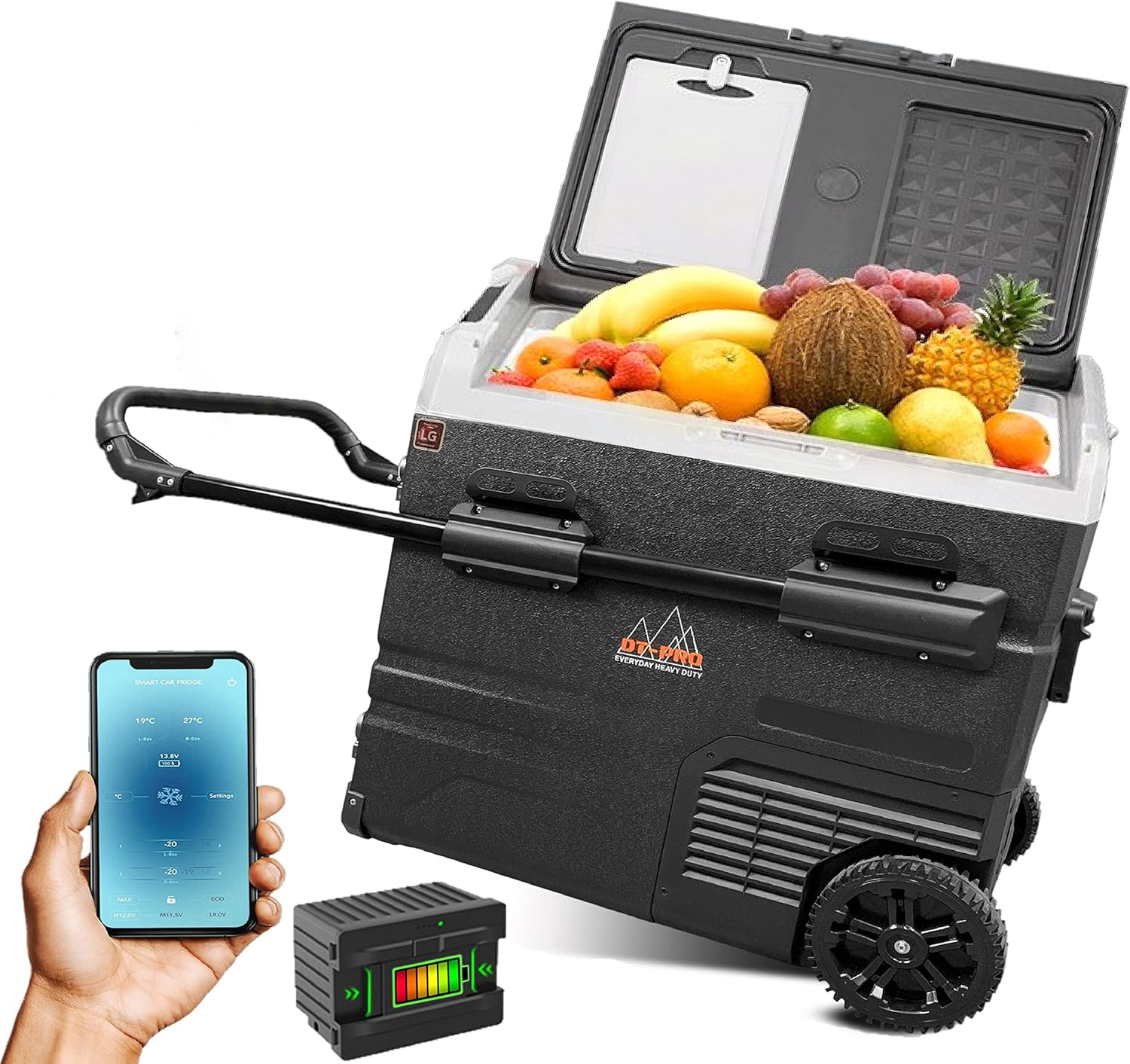 Portable Refrigerator Battery Operated Camping Fridge, Off grid solar powered cooler with Wheels, Reliable LG Compressor Fast Cooling + Eco mode, dual zone freezer temp' Range -4℉-68℉, Smart APP Control, Electric Iceless travel Freezer & warmer, Rech