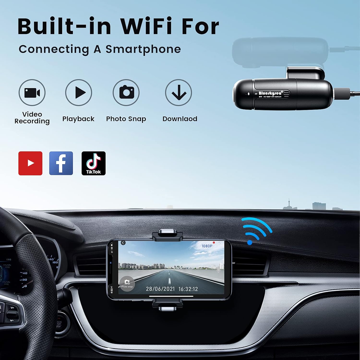 WiFi Small Dash Cam Full HD 1080p Car Camera 150° Wide Angle with Super Capacitor Vehicle Driving Video Recorder 360° Rotatable Lens G-Sensor Loop Recording Parking Mode Blueskysea B1W Pack of 2