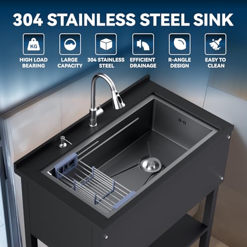 Stainless Steel Utility Sink,24" FreeStanding Laundry&Utility Room Sinks with Cold and Hot Water Faucet,Hoses and Drain Kit Commercial Single Bowl,Laundry Sink for Kitchens, Garage (24x18x36 Black)
