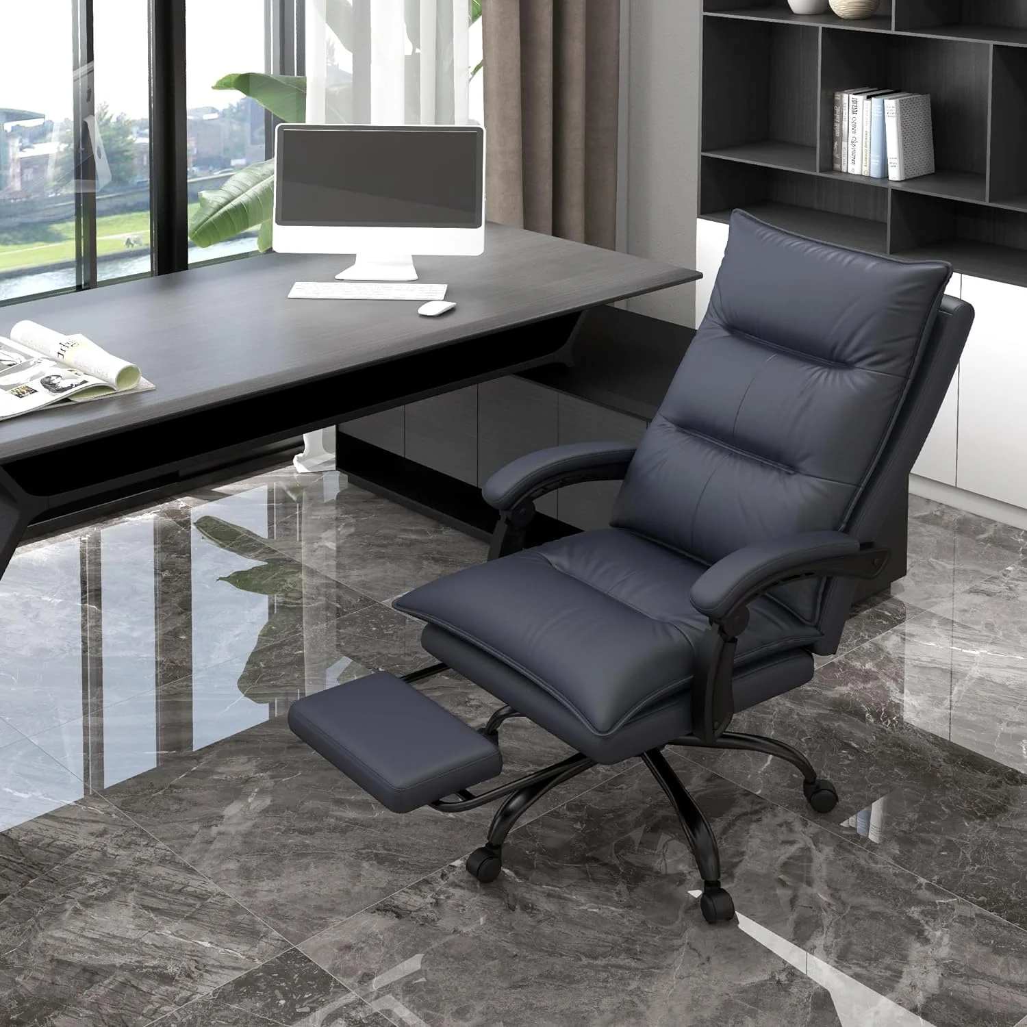 Massage Office Chair With 6 Vibration Points, Executive Computer Desk Chair, Heated Reclining Chair With Footrest, Armrest, Double Padding - Charcoal Gray