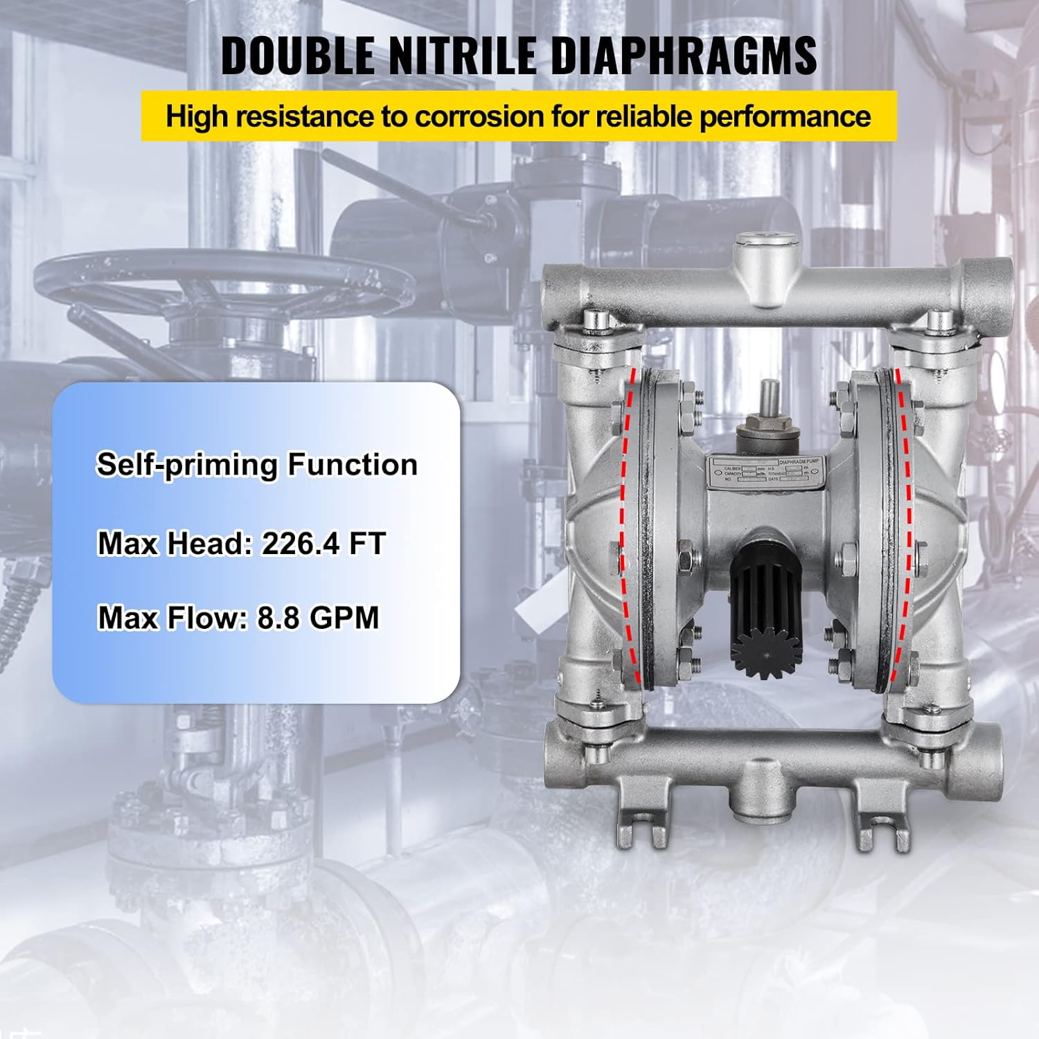 Happybuy Air-Operated Double Diaphragm Pump 1/2 inch Inlet and Outlet 304 Stainless Steel 12 GPM Max 115PSI Corrosion-Proof Nitrile Diaphragm Air Pump Chemical Industrial Use, QBK-15P-1/2 inch-12