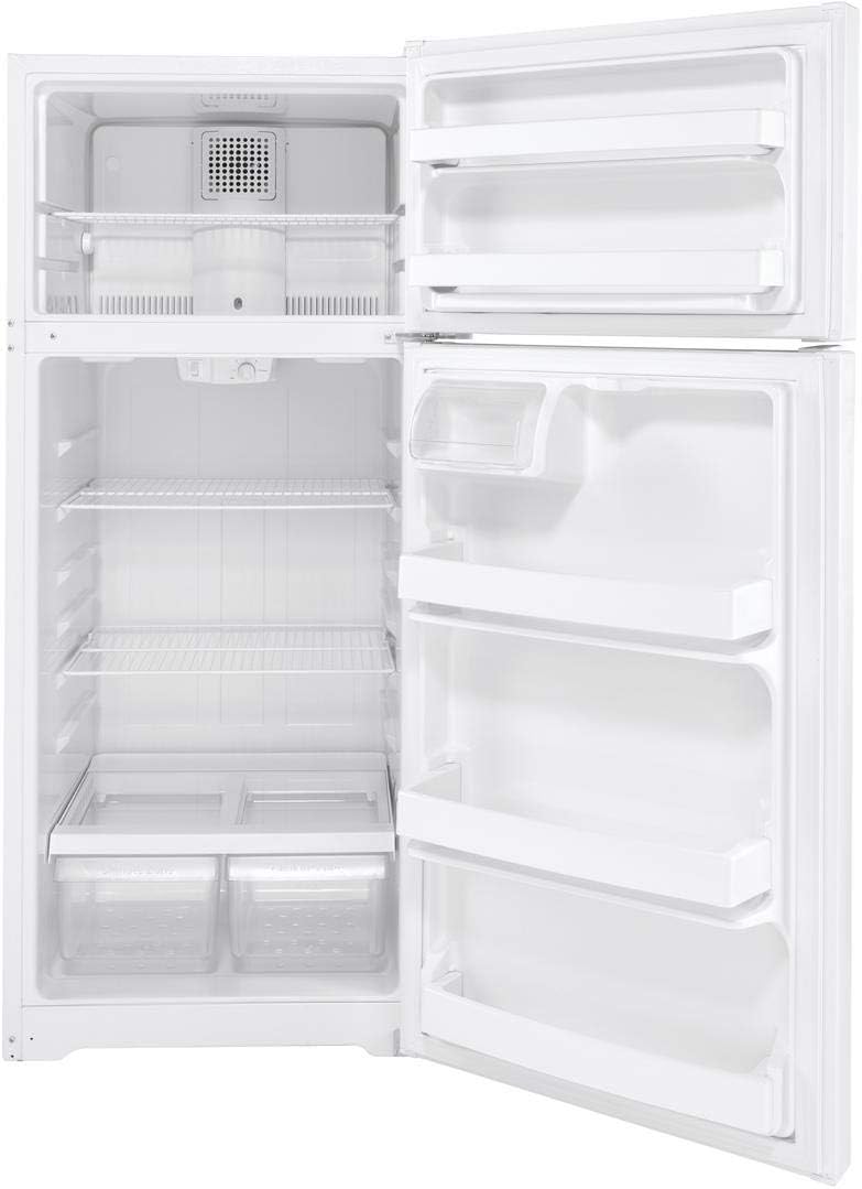 GE GTE18DTNRWW 28" Energy Star Qualified Top Freezer Refrigerator with 17.52 cu. ft. Capacity, LED Lighting, Adjustable Wire Shelves and Upfront Temperature Controls in White