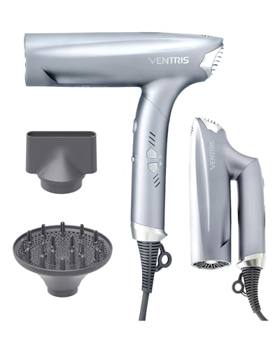 Ventris Ionic Hair Dryer Magnetic Diffuser,High Speed Styling Blow Dryer, Lightweight & Foldable for Travel Hair Dryer, Positive Negative Ion blowdryer