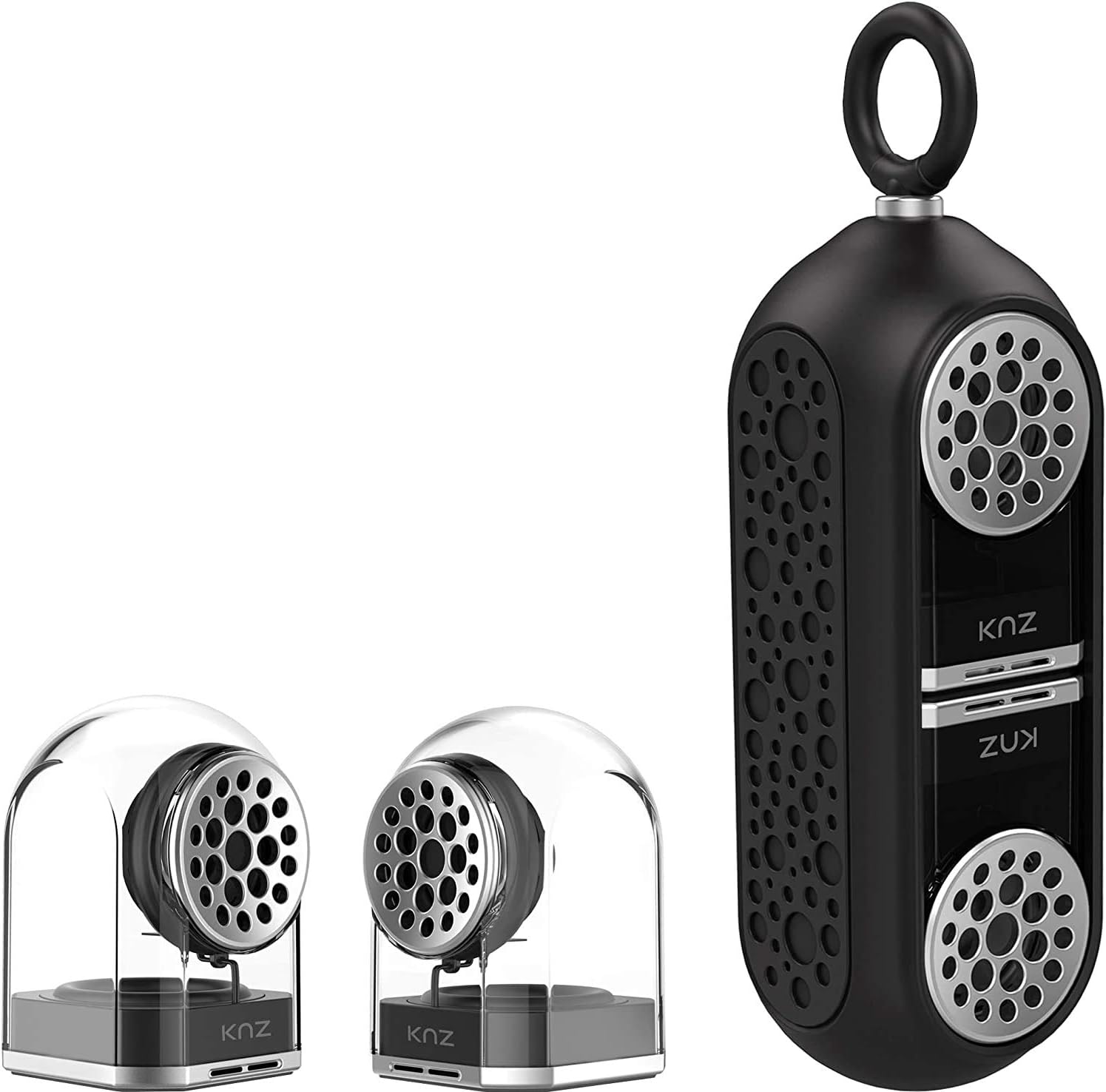 KNZ GoDuo Portable Bluetooth True Wireless Speakers with Magnetic Connectable Base, L/R Stereo Sound and Bass, Water and Shock Resistant, 18 Hr Playtime, Built-in Mic, Protective Carrying Case (Gray) Pack of 2