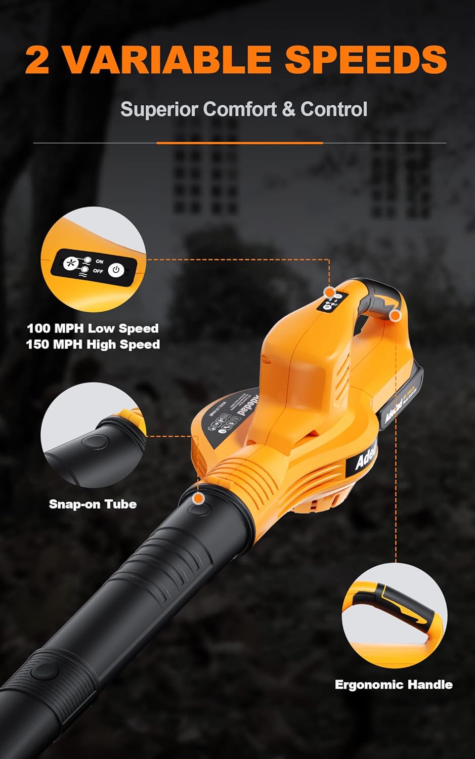 Adedad 20V Cordless Leaf Blower Powerful,Electric Handheld Sweeper Power Battery 2.0 Ah Li-ion Battery 150 MPH,Variable-Speed,Lightweight for Blowing Leaf/Snow Pack of 2
