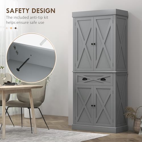 HOMCOM 72" Kitchen Pantry Storage Cabinet, Traditional Freestanding Cupboard with 4 Doors and 3 Adjustable Shelves, Large Central Drawer, X-Frame, White
