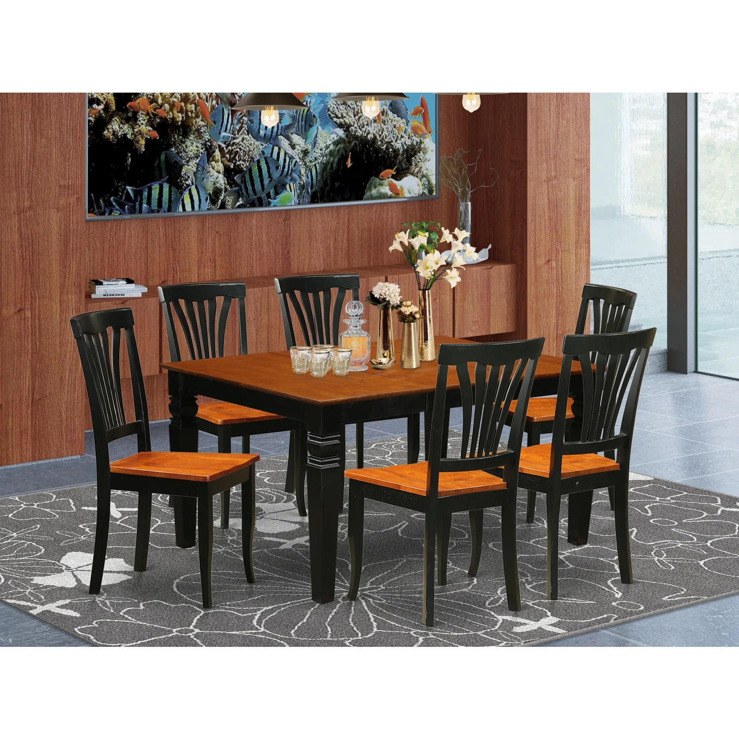 East West Furniture Weston 7-piece Dining Set with Wood Seat in Black/Cherry - Curated Treasures Market