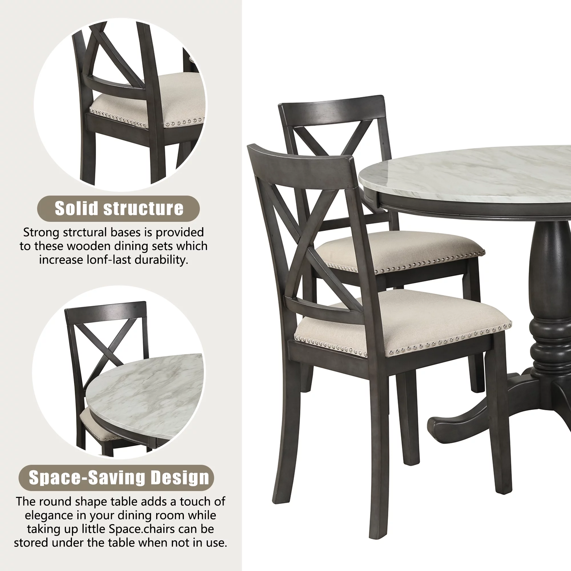 5 Piece Modern Solid Wood Dining Room Set with 4 Chairs, Simple Style Kitchen Table Set with Table and 4 Cross Back Chairs, Round Table with Chairs for Small Places (Gray)