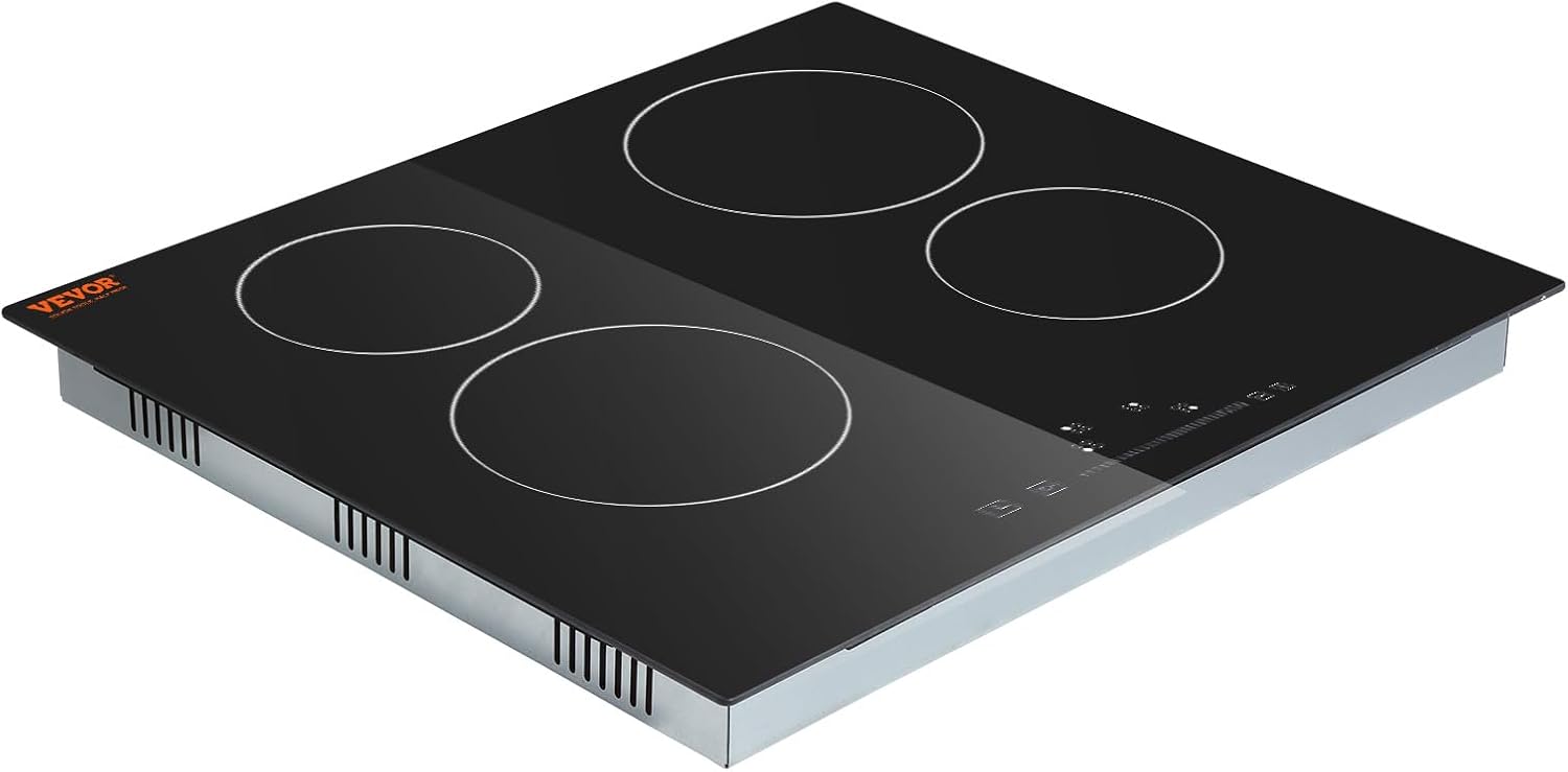 VEVOR Built in Electric Stove Top, 24 inch 4 Burners, 240V Glass Radiant Cooktop with Sensor Touch Control, Timer & Child Lock Included, 9 Power Levels for Simmer Steam Slow Cook Fry