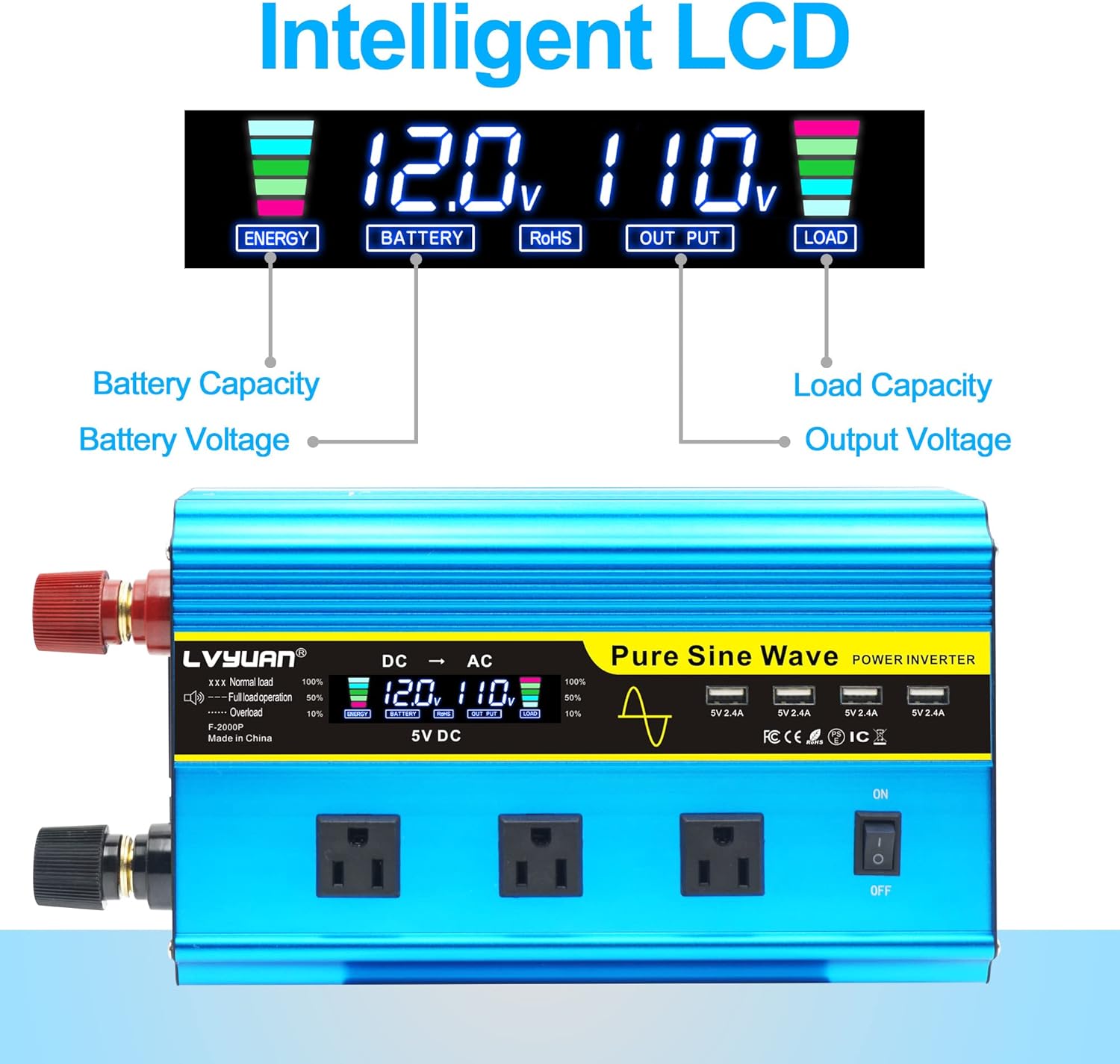 LVYUAN Pure Sine Wave Inverter 1600 Watts Inverter 12V to 110V DC to AC with Remote Controller, LCD Display 4 AC Sockets and 4 USB Ports for Car Truck Solar Power (PSW1600W-GREEN)