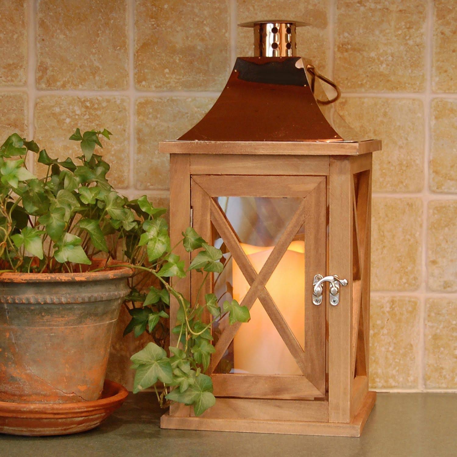 Lumabase Natural Wooden Lantern with Copper Roof and LED Candle - Brown
