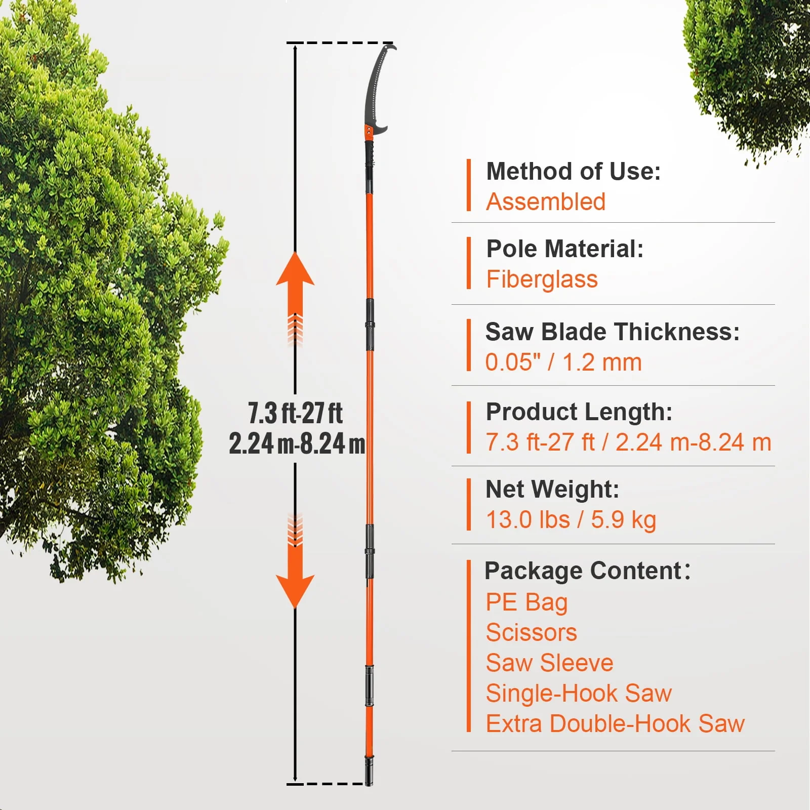 BENTISM Manual Pole Saw Extendable Tree Pruner 7.3-27ft Fiberglass Pole Hook Knife