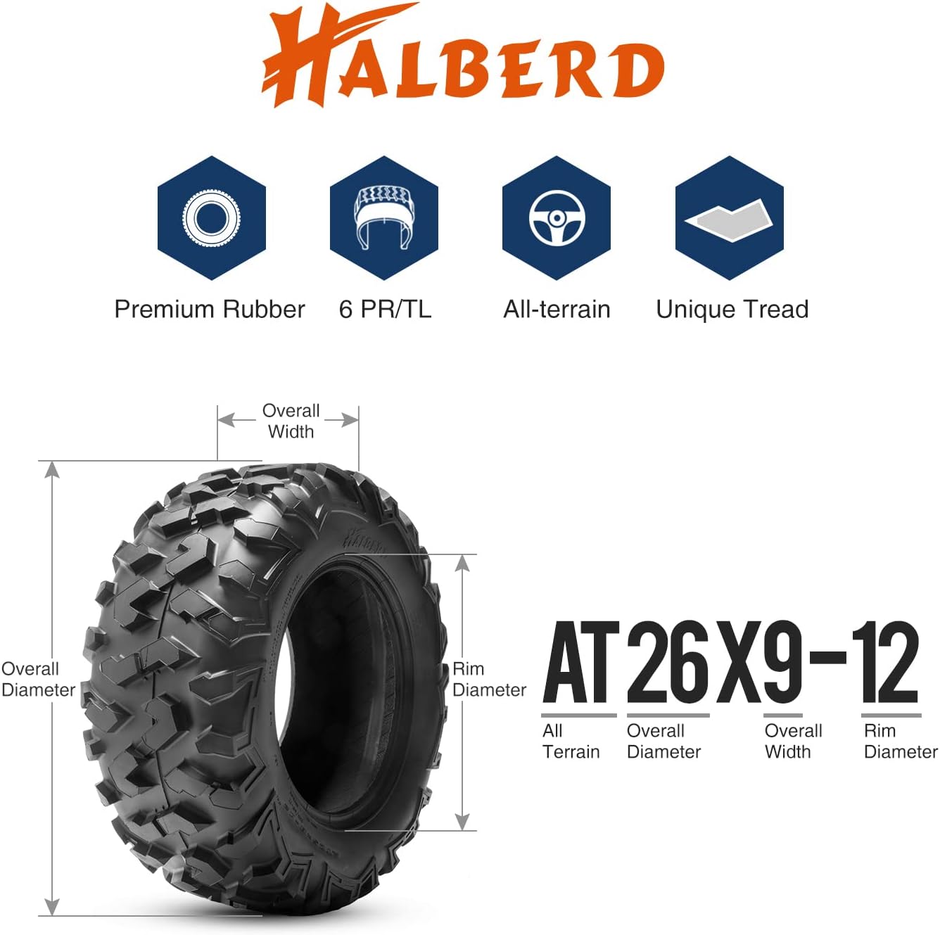 HALBERD ATV Tires, 26x9-12 & 26x11-12 6PR ATV Tires, 17mm All Terrain ATV UTV Off-Road Tires Compatible with Polaris ACE 500 Sportsman 330 450 Arctic Cat Alterra 400 Honda Pioneer 500 520(Set of 4)