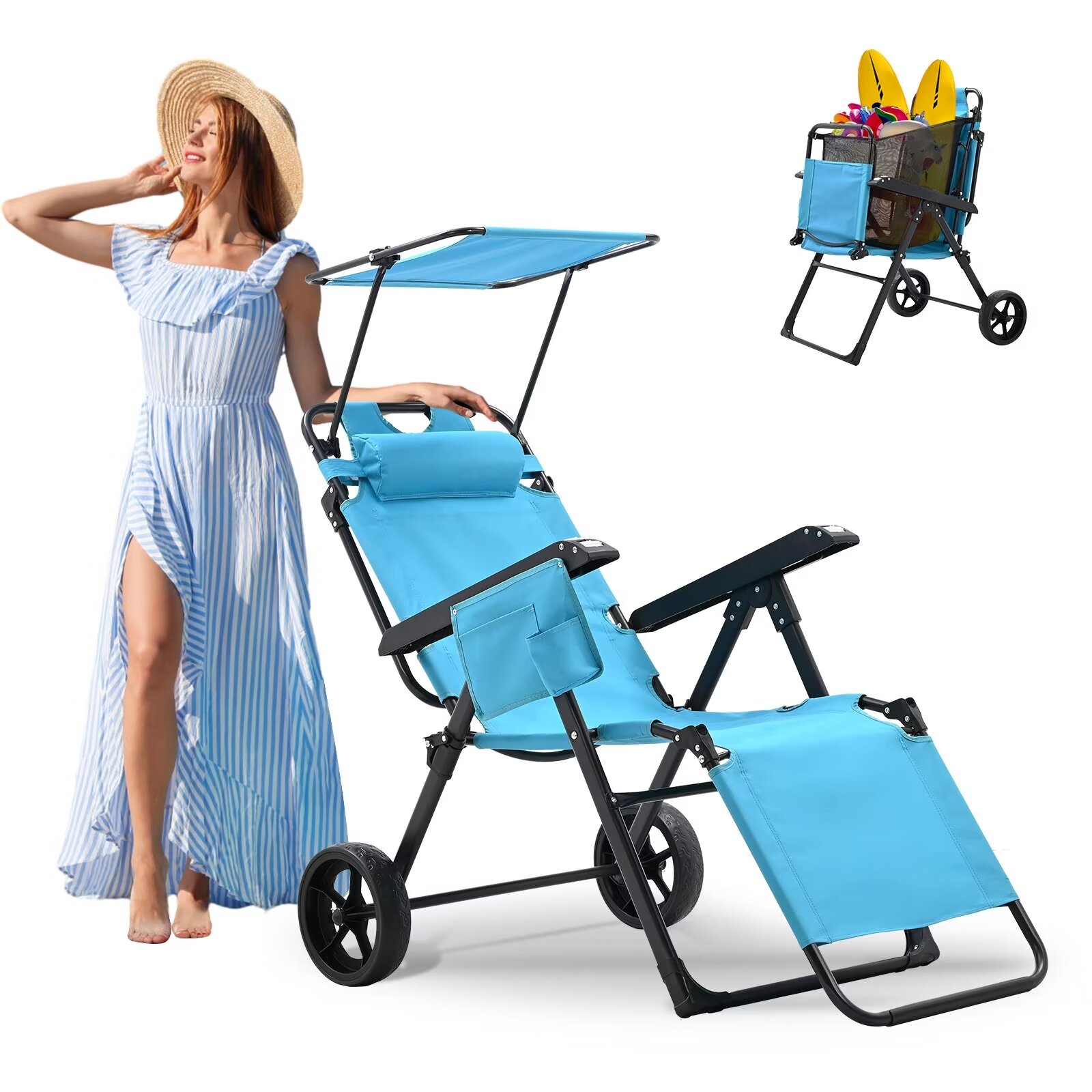 MOPHOTO Canopy Beach Chair Support 300bls, 2 in 1 Beach Cart Chair with Large Wheels, Outdoor Sunbathing Folding Beach Tanning Chair Sun Chair with Shade, Perfect for Beach, Backyard, Pool