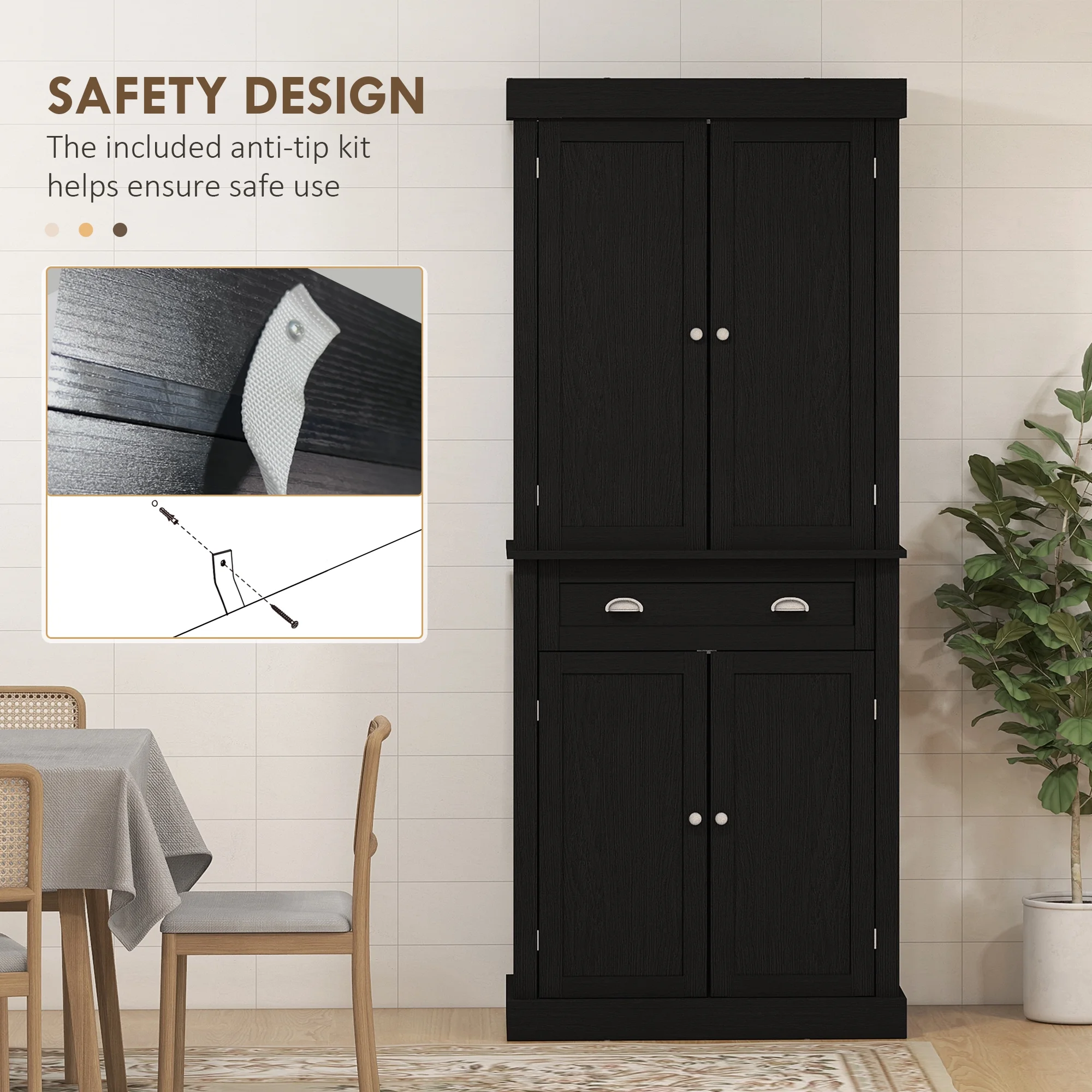 HOMCOM 72" Kitchen Pantry Cabinet with 2 Cupboards, Drawer, Black Wood Grain
