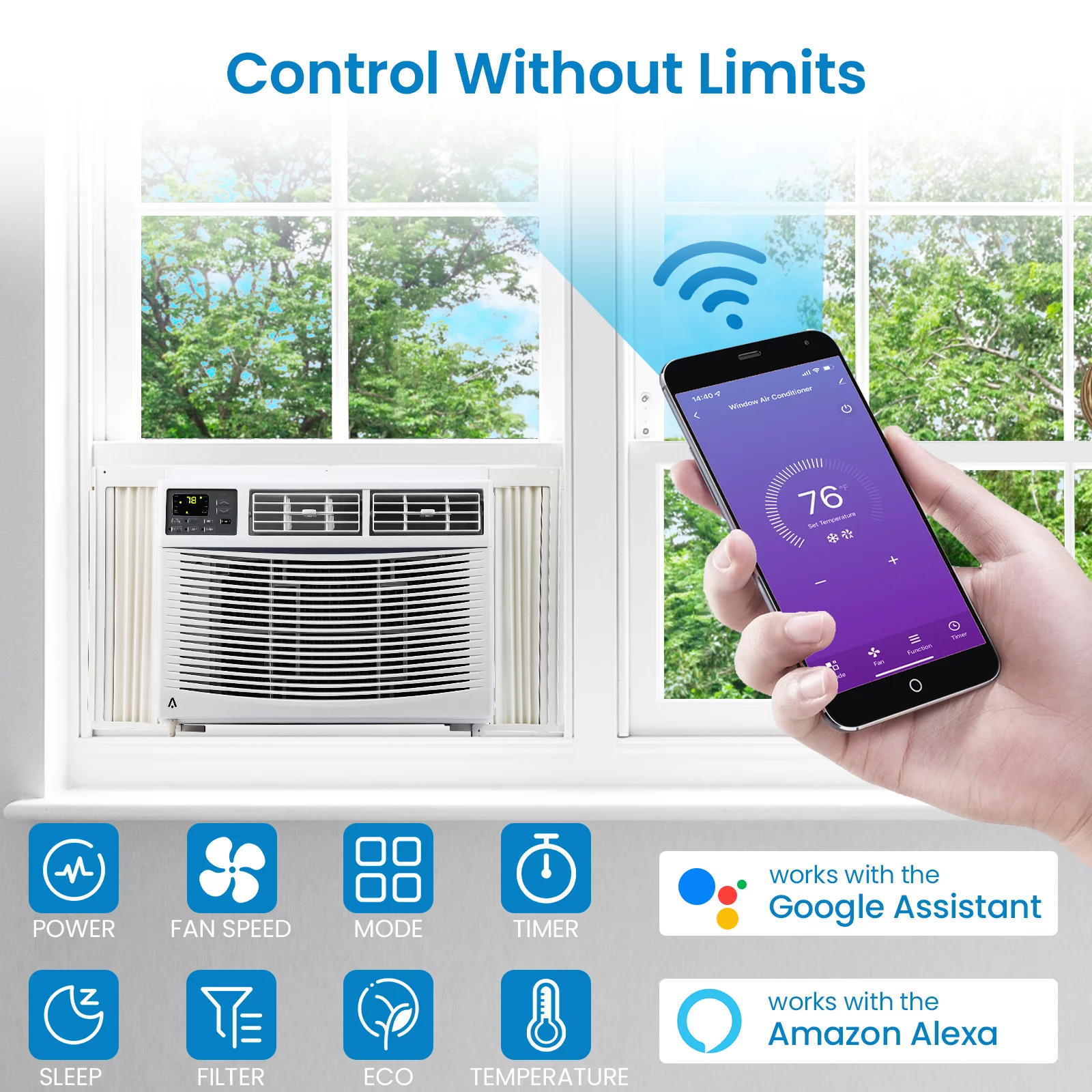 Window-Mounted Room Air Conditioner, 8,000 BTU, Cools 350 Sq.ft, Quiet Operation, Window AC Unit with Remote/App Control and Dehumidification Function