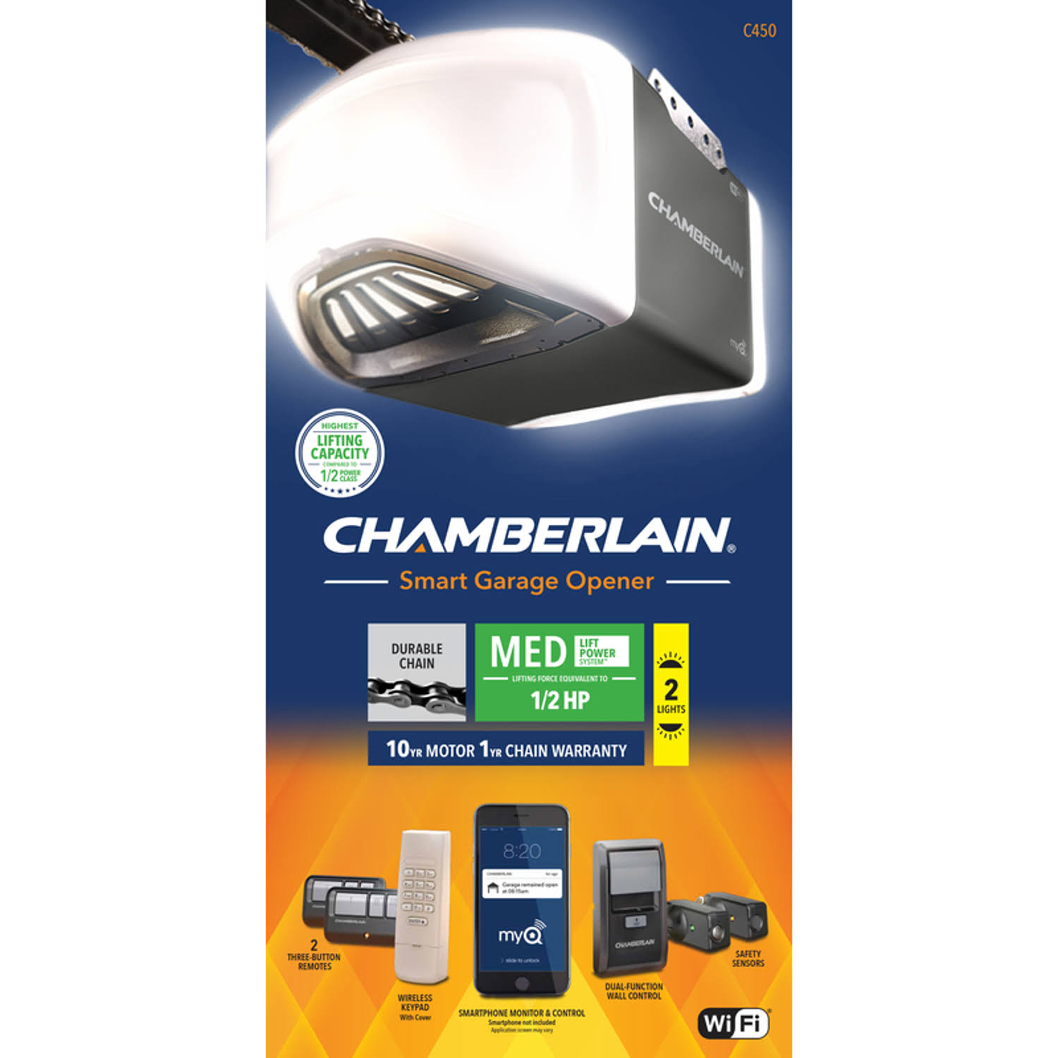 Chamberlain C450 Smartphone-Controlled Durable Chain Drive Garage Door Opener