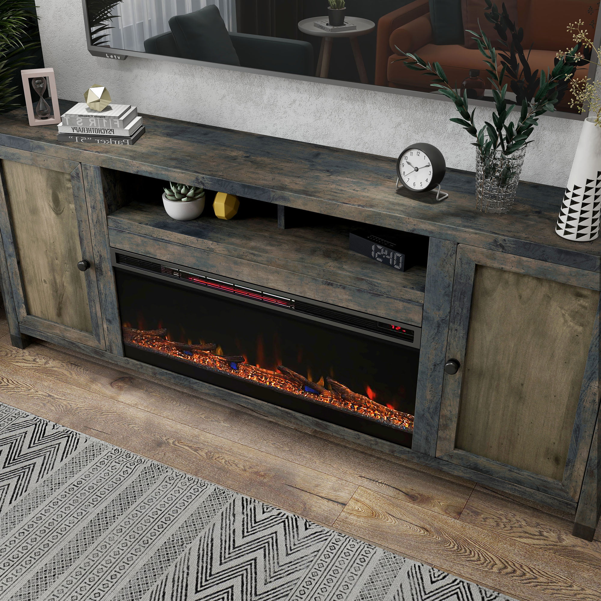 BVH 85 inch Fireplace TV Stand for 75 inch Tv's , Rustic, No Assembly Required, Solid Wood and Veneers, Barnwood