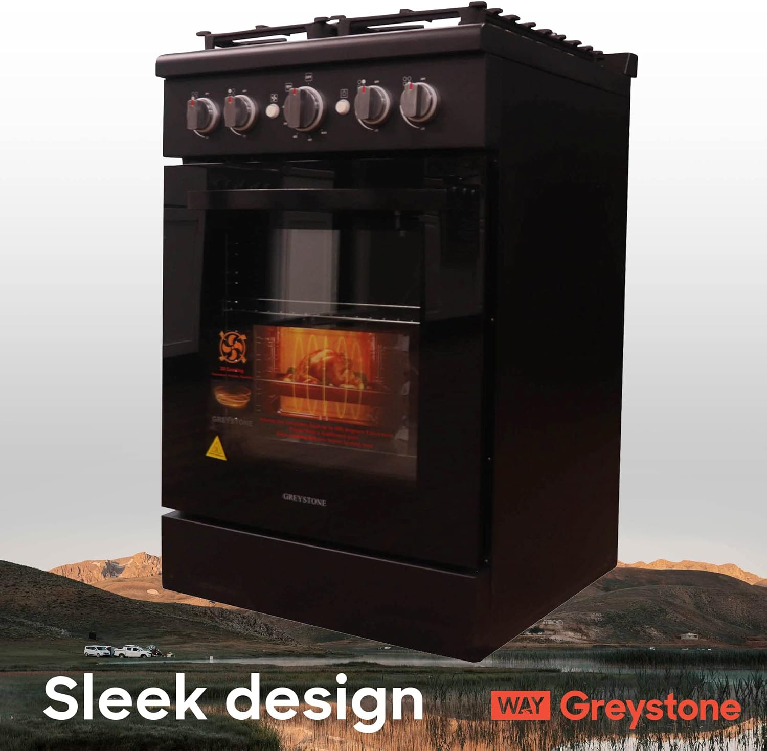 Greystone, 24 Inch Slide-In RV Gas Range, Stove and Oven Combo, 110 Volt, LP, 4 Burners, Black