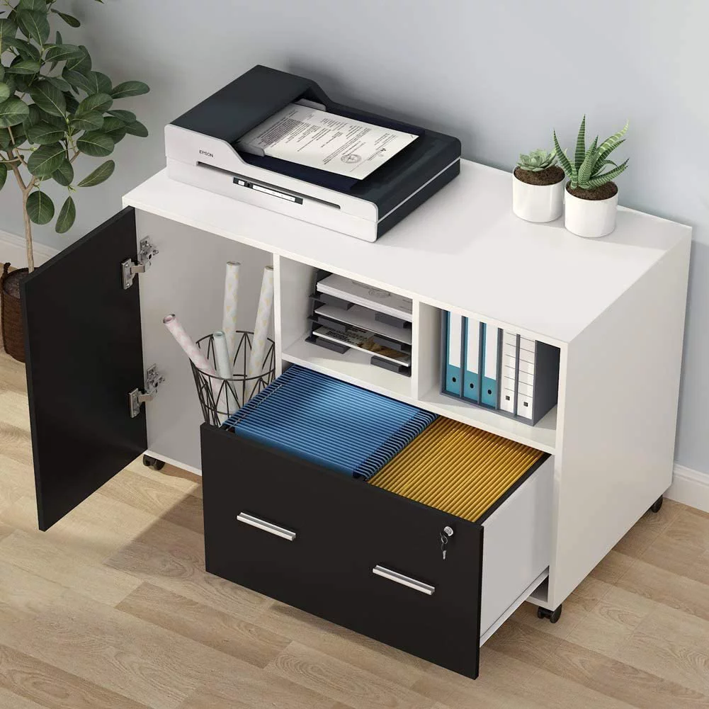 Tribesigns Large File Cabinet with Lock and Drawer, Modern Mobile Lateral Filing Cabinet Printer Stand Legal/Letter / A4 Size with Wheels and Storage Shelves for Home Office(White)