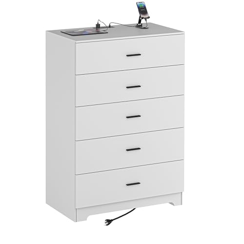 Dresser for Bedroom with Power Outlets Wood 5 Drawer Dresser with Large Storage Space Black Chest of Drawers with Smooth Metal Rail Tall Storage Organizer for Bedroom Living Room Closet