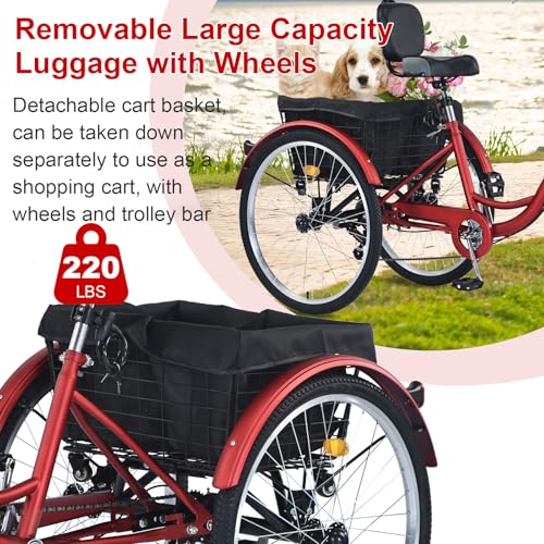 Upgraded Adult Tricycle, 7 Speed Tricycle for Adults with Front & Rear Baskets, 3 Wheel Bikes for Adults, Adult Tricycles for Women Men Seniors, Adult Trike, 26 inch Three Wheel Bikes