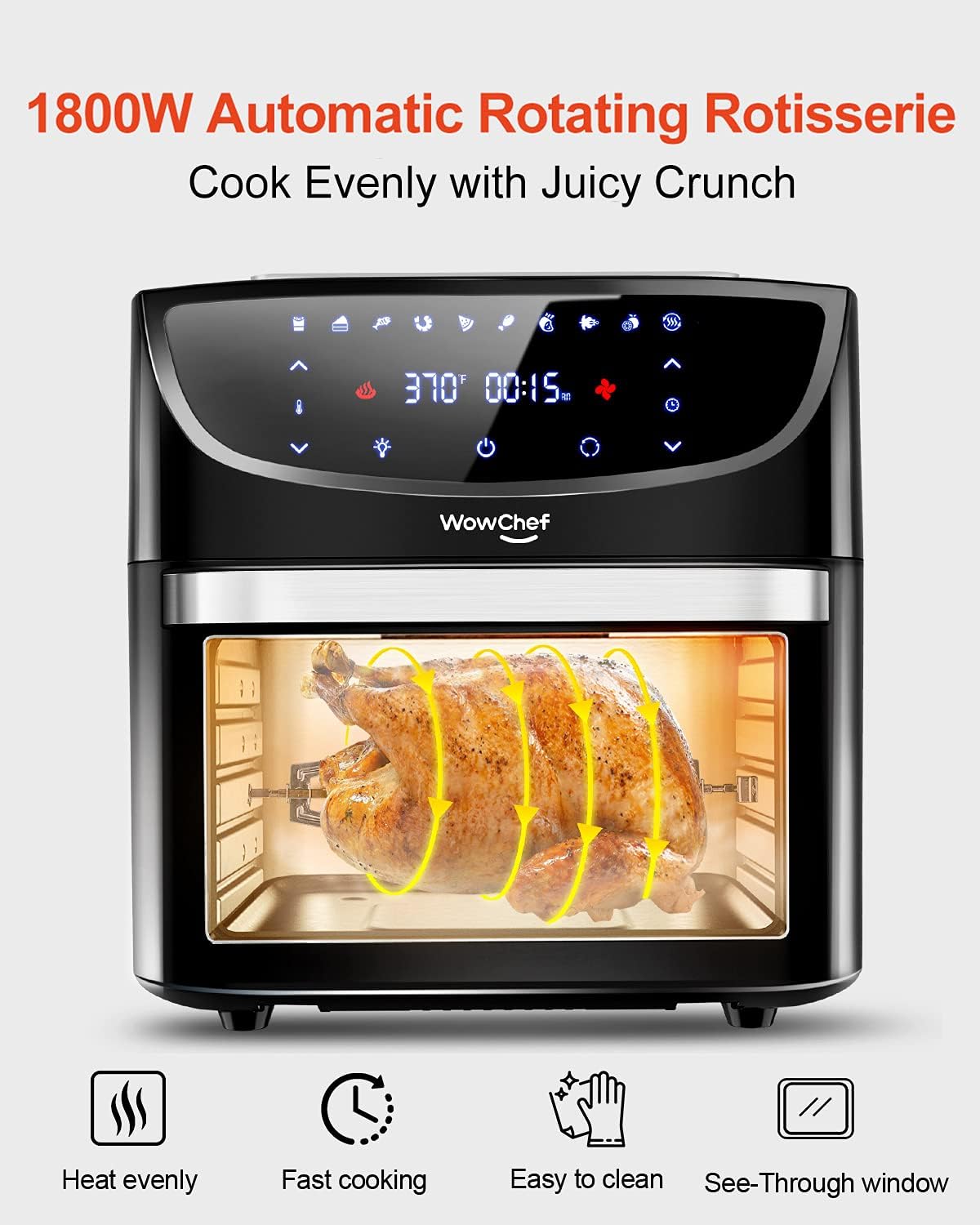 WowChef Air Fryer Oven Large 20 Quart, 10-in-1 Digital Rotisserie Dehydrator Fryers Combo with Racks, XL Capacity Countertop Airfryer Toaster for Family, 9 Accessories with Cookbook, ETL Certified
