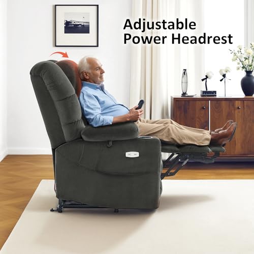 MCombo Large Triple Motor Power Lift Recliner Chair with Massage and Dual Heating, Adjustable Headrest for Tall Elderly People, Fabric 7634 (Grey, Large)