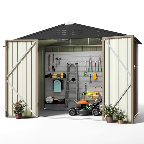 Greesum Outdoor Storage Shed 6 x 8 ft. Utility Tool Shed Metal Storage Garden Shed with Door & Lock for Patio Storage, Brown