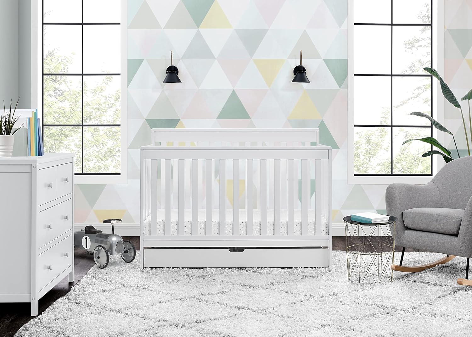 Delta Children Bianca White 6-in-1 Convertible Crib Bundle with Serta Dual Sided Waterproof Toddler Mattress