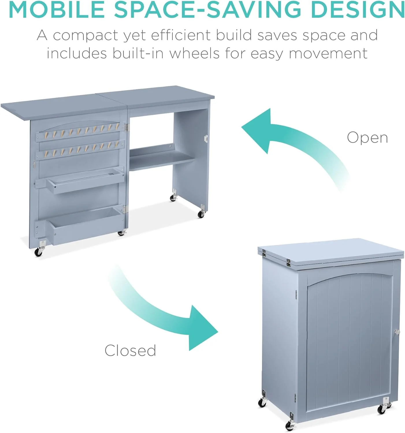 Folding Sewing Table Multipurpose Craft Station & Side Desk with Compact Design, Wheels, Shelves, Storage Trays, Pegs, Magnetic Doors, Metal Doorknobs - Gray