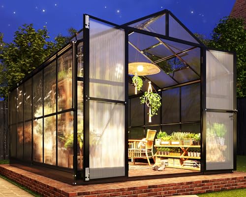 8x12 FT Polycarbonate Greenhouse with Quick-Connect Fittings, Walk-in Large Aluminum Greenhouse with 2 Swing Doors, Winter Greenhouse for Outdoors Black