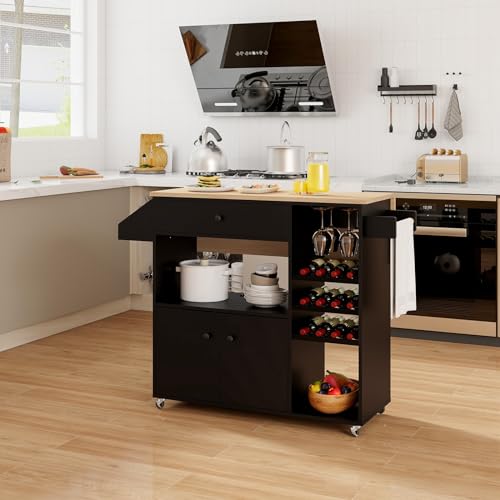 Giantex Rolling Kitchen Island Cart with Drop Leaf, Power Outlet, Spice Rack, 12 Wine Rack, Glass Holder, Drawer, Storage Cabinet, Towel Rack, Island Table for Breakfast Coffee Bar (Rustic Brown)